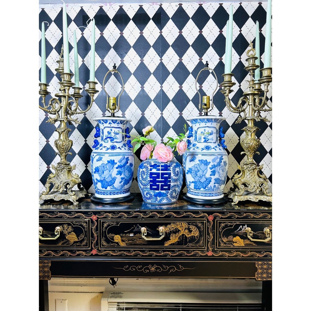 Chinoiserie Blue White Porcelain Lamp Pair Foo Dog Handles 26in - Picture 11 of 17